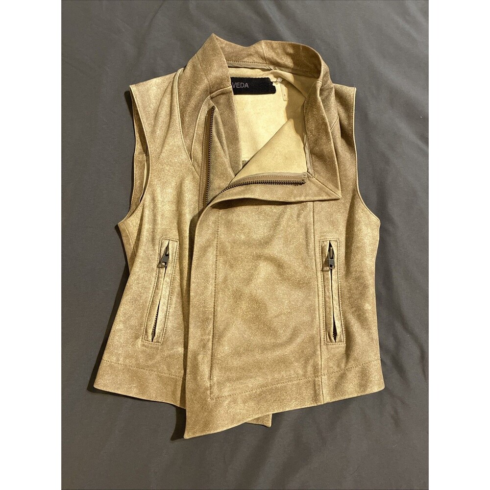 Veda Genuine Leather Zip Up Vest with Pockets, Tan, Size Small